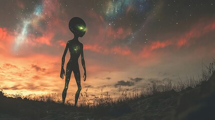 Alien silhouette stands under a colorful, starry night sky, a mysterious encounter