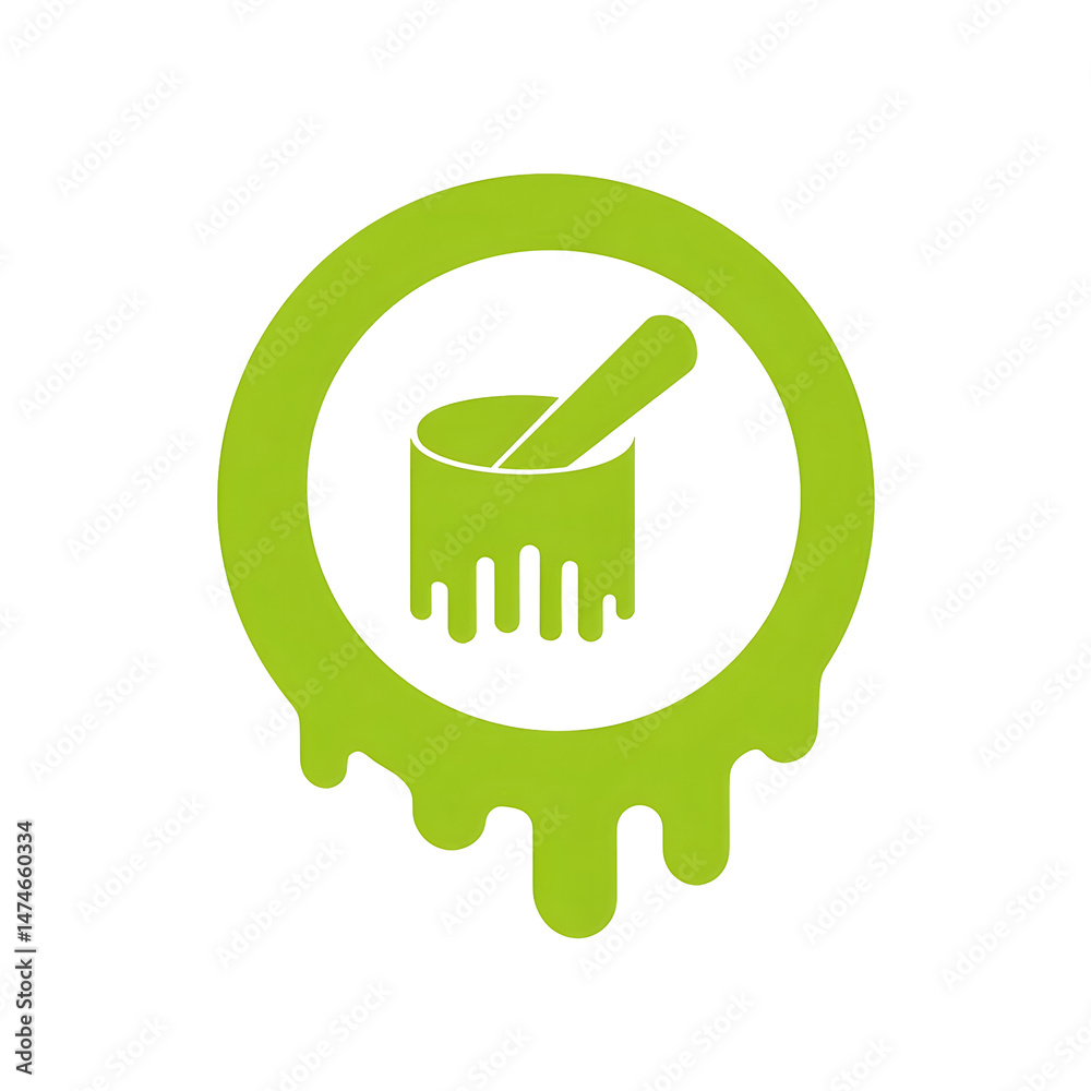 Poster A clean simple icon depicting a green circular bubble with a dripping paint brush reflecting a minimalist and style