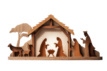 Wooden nativity scene featuring Mary, Joseph, and baby Jesus.