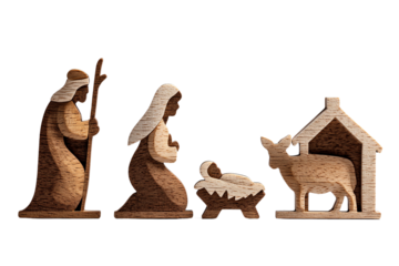 Wooden nativity scene figures, white isolated background