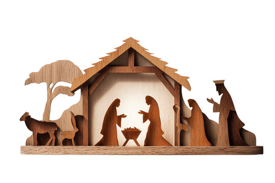 Wooden nativity scene featuring Mary, Joseph, and baby Jesus.