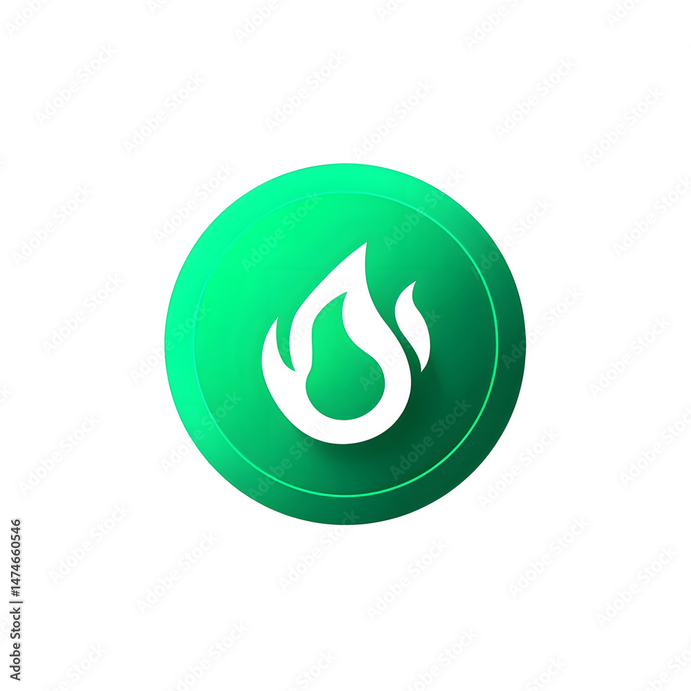 Poster a simple clean and modern green circular icon with a minimalist white fire symbol glowing and vibran