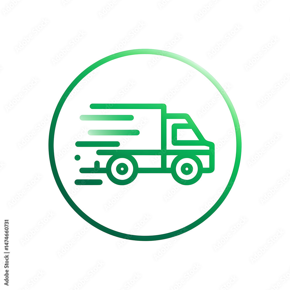 Aufkleber stylized green circular icon depicting a fast moving delivery truck with motion lines representing s