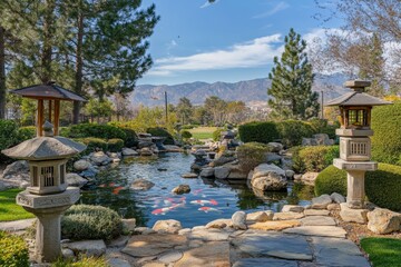 Naklejka premium Serene japanese garden with koi pond and stone lanterns.
