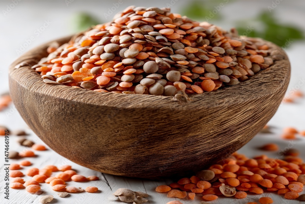 Poster lentils in a wooden bowl on a rustic table with scattered lentils around
