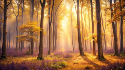 A misty forest scene with a soft purple hue and irregular shapes