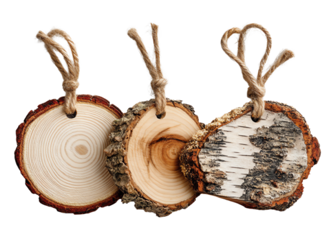 Wooden slices with rope, white isolate background.