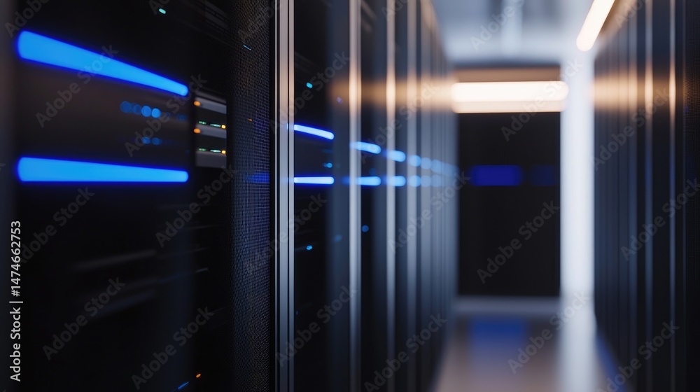 Poster close-up perspective of sleek data servers glowing with blue led lights in a clean modern corridor, 