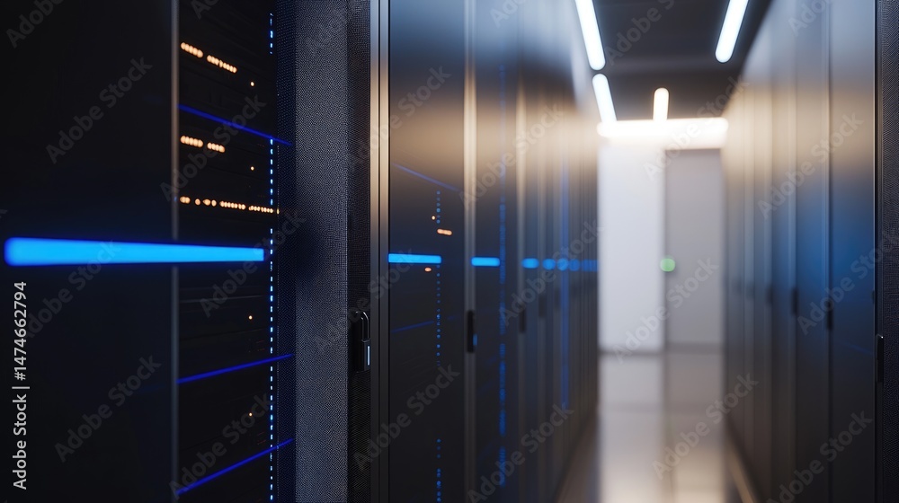 Poster bright server room with illuminated corridor and modern black server cabinets, perfect for tech infr