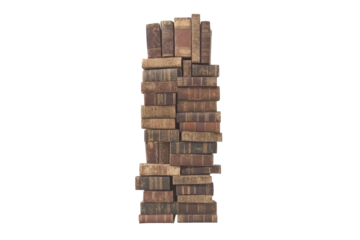 Tall stack of antique books, various sizes and colors