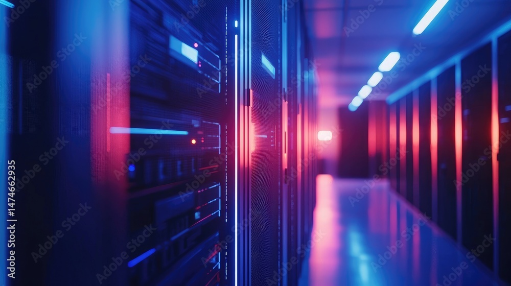 Aufkleber stylized server room interior with dramatic blue and red lighting reflecting across racks and floors