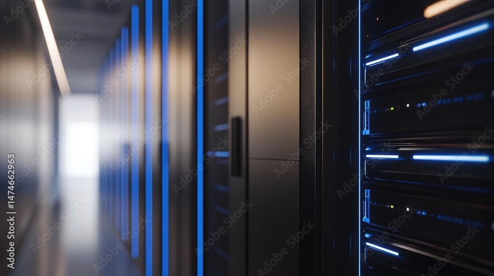 Poster high-tech corridor with glossy floors and minimalistic black server cabinets lined with blue light s