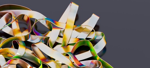 Close-up of vibrant, iridescent ribbons creating an abstract design. Perfect for backgrounds or...