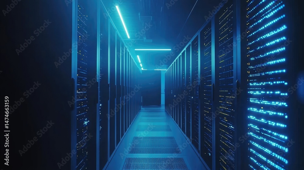 Poster Futuristic server room interior with glowing blue lights and high-tech data racks lining both sides of a narrow corridor, ideal for cloud computing concepts