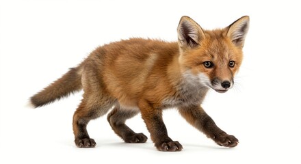 Fototapeta premium A young, red fox kit with soft fur stands on a stark white background, gazing forward with bright, curious eyes. 