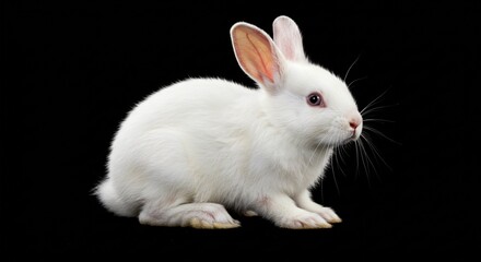 Fototapeta premium A fluffy white rabbit sits against a stark black backdrop, its delicate features highlighted by the contrast of fur and plain background.