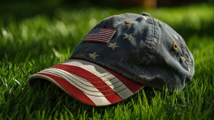 baseball cap with american flag on green drass, patriotism concept