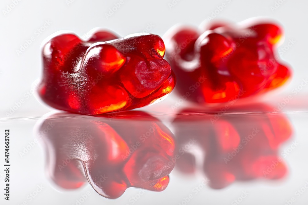 Poster bright red gummy candy bears resting on a reflective surface, highlighting their glossy texture and 