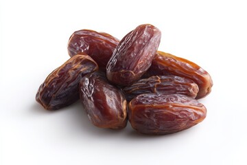 Obraz premium A pile of dates on a white background. Sweet, dark brown, and naturally delicious.