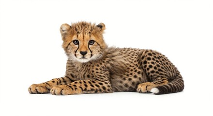 Obraz premium A captivating close-up of a young cheetah cub, showcasing its unique spotted coat and gentle expression against a bright backdrop.