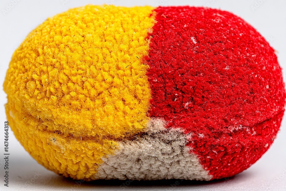 Poster colorful textured ball resting on a surface with distinct red and yellow halves, showcasing intricat
