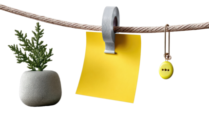 Note of Life: A harmonious composition of a blank yellow note suspended by a clip, hanging alongside a small potted plant and a charm, all elegantly displayed on a rope.
