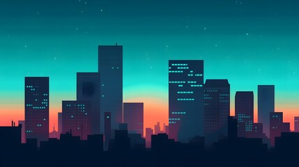 Futuristic city skyline at night with neon-lit skyscrapers