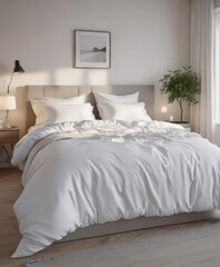 Crisp white bedding on king-size bed, minimalist Scandinavian room ,  calm,  white sheets