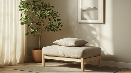 Cozy pouf corner with bench, light, plant and print at home