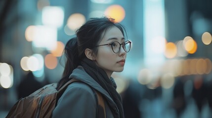 Asian Woman Wearing Glasses and Backpack in an Evening Urban Setting
