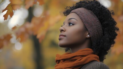Pensive Black Woman Outdoors on Autumn Day with Falling Leaves
