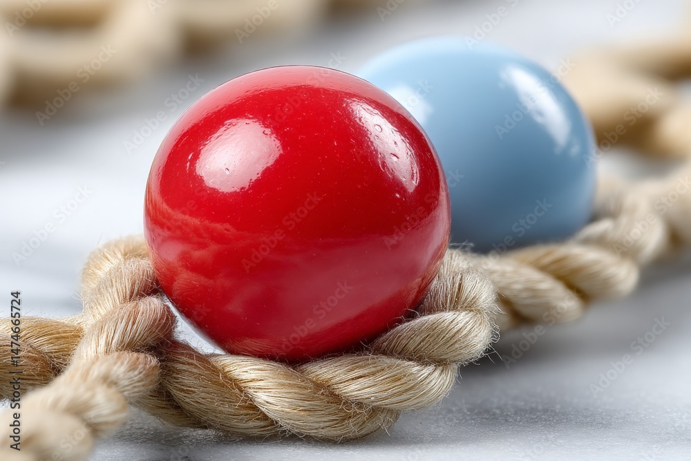 Fototapete colorful balls balanced on a twisted rope in a creative display highlighting texture and vibrancy