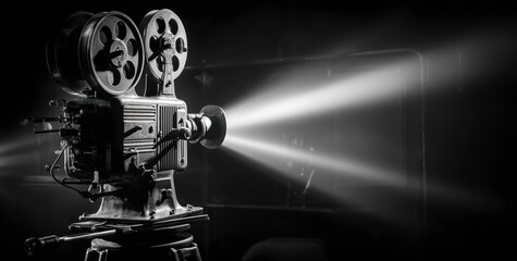 Vintage film projector with bright light beams in a dark setting.