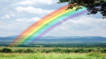 Obraz premium Vibrant Rainbow Arching Across Lush Green Landscape Under Cloudy Sky in Nature Scene