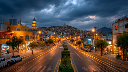 Fototapeta premium Illuminated road in a city leading to a hill topped with dense dwellings at dusk