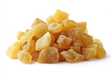 A pile of golden, candied ginger pieces.