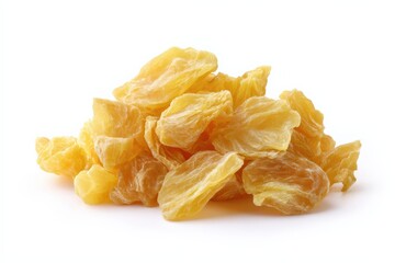 A pile of dried pineapple pieces, golden yellow and sweet-looking.