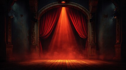 A dramatic stage setting with red curtains, a spotlight, and an old wooden floor, creating a mysterious atmosphere.