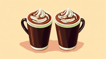 Two Delicious Cups of Hot Chocolate with Creamy Toppings Against a Light Background