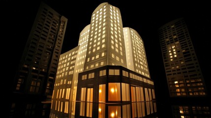 Fototapeta premium Architectural Model of Modern Skyscrapers at Night with Illuminated Windows and Dark Background