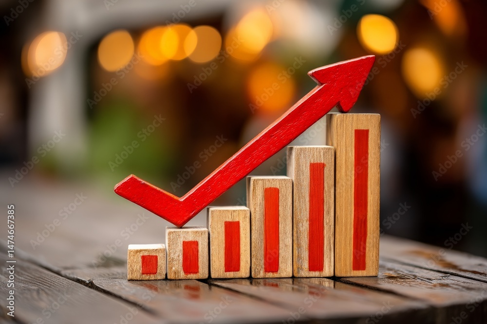 Aufkleber growth trend illustrated with wooden blocks on a rustic table in a vibrant market setting during lat