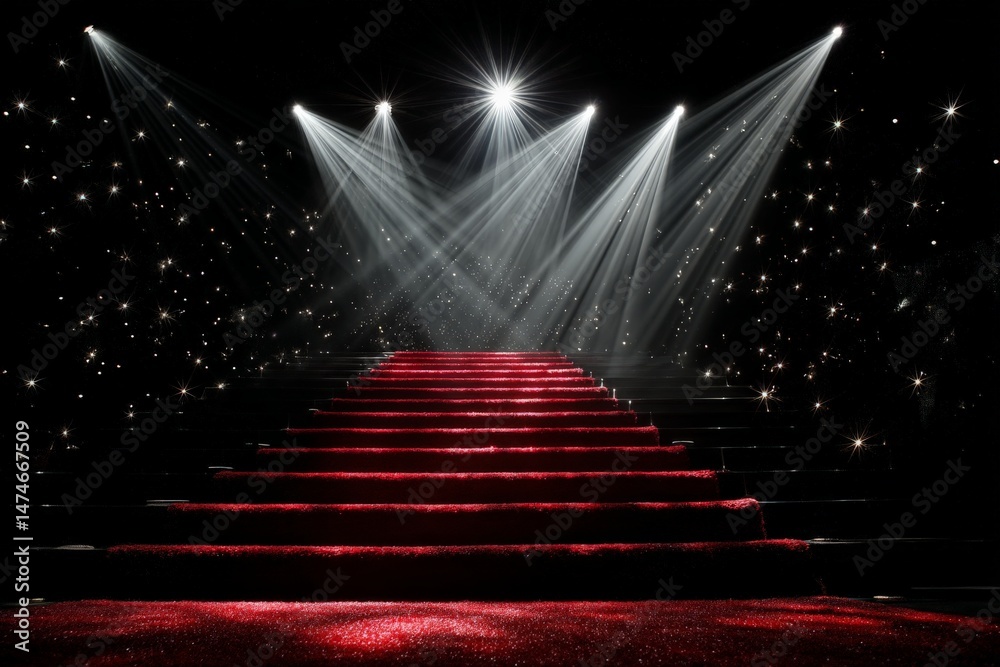 Poster Red carpet stairs illuminated by dramatic lights create an elegant atmosphere for a festive event or awards ceremony