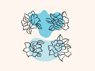 Elegant Line Art Floral Designs Four Blooming Flowers Blue Background