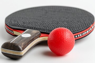 Ping pong paddle and ball arranged on a white background ready for a game