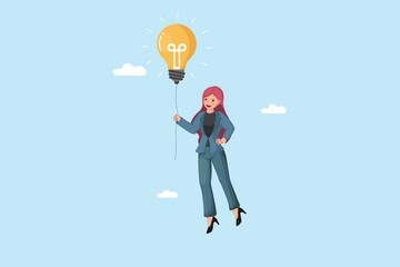 Soaring with Ideas Businesswoman Flying with a Bright Light Bulb Balloon Against a Sky Background, Symbolizing Innovation and Creative Vision.