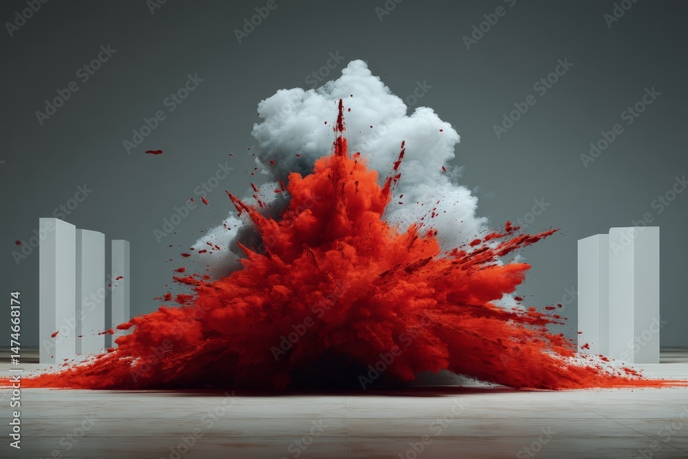 Aufkleber vibrant explosion of red smoke and dust in a minimalistic indoor space during a creative art install