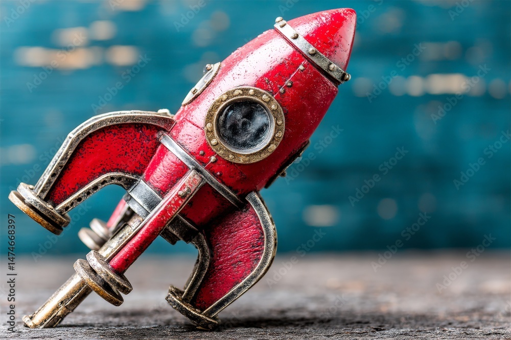 Poster vintage red rocket model on wooden surface with blue background in play area highlighting retro desi
