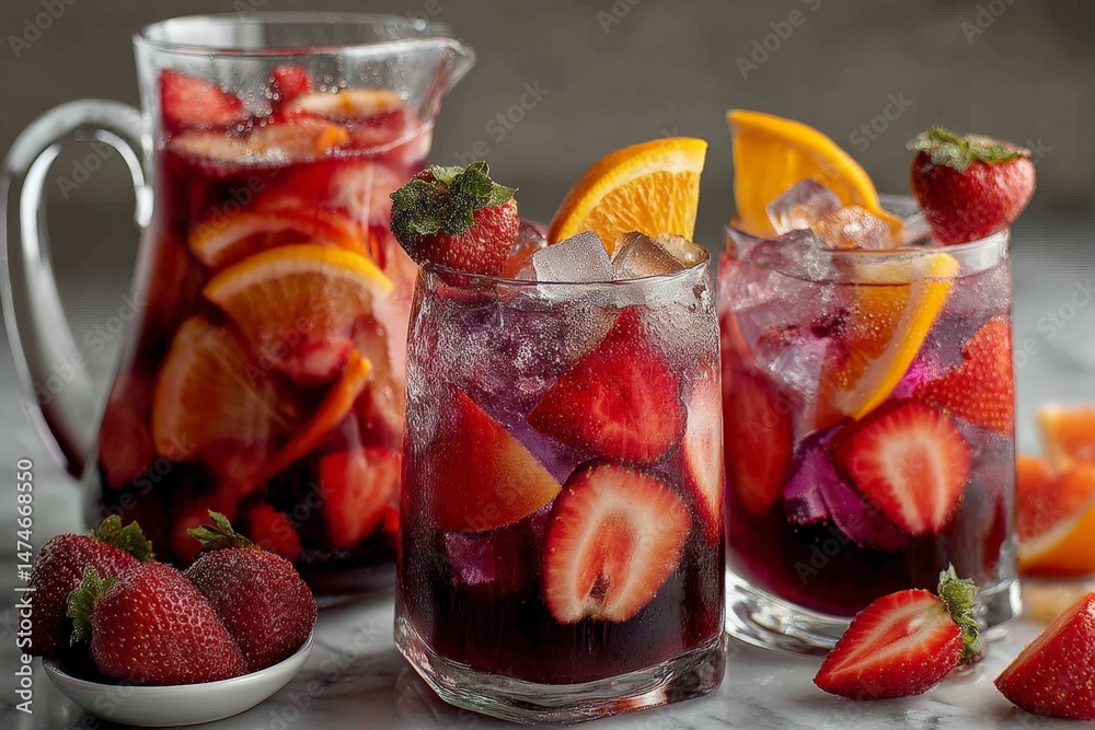 Poster refreshing summer fruit drink with strawberries and oranges in a stylish glass and pitcher on a marb