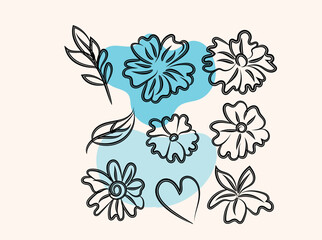 Elegant Line Art Floral Design with Blue Abstract Shapes and Heart