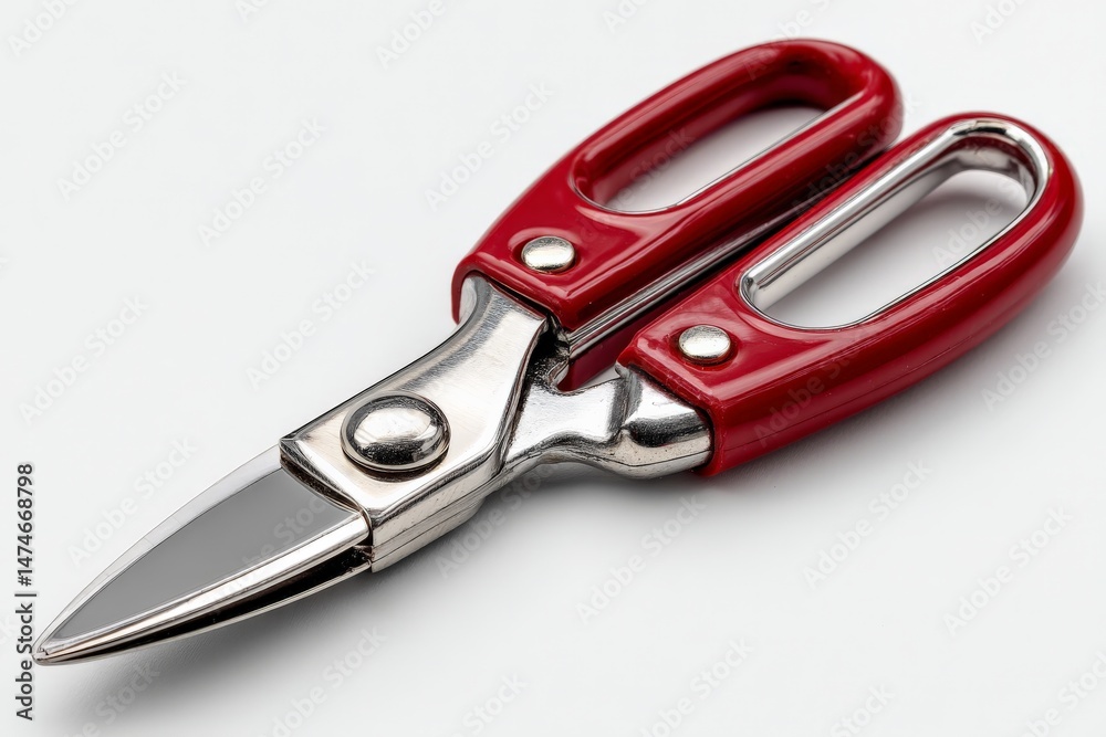 Poster Sharp scissors with red handles displayed against a white background for crafting and household tasks